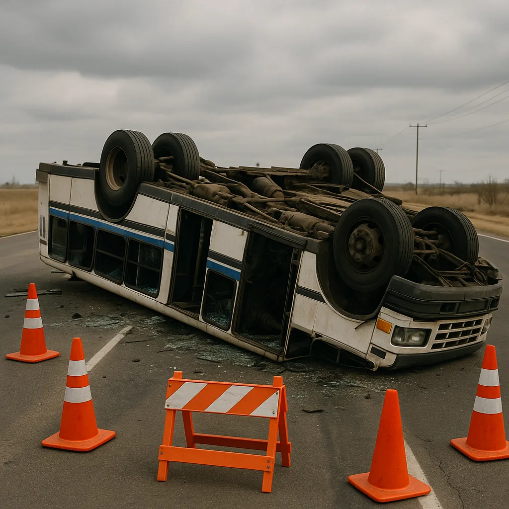 Bus Lies Overturned on its Roof