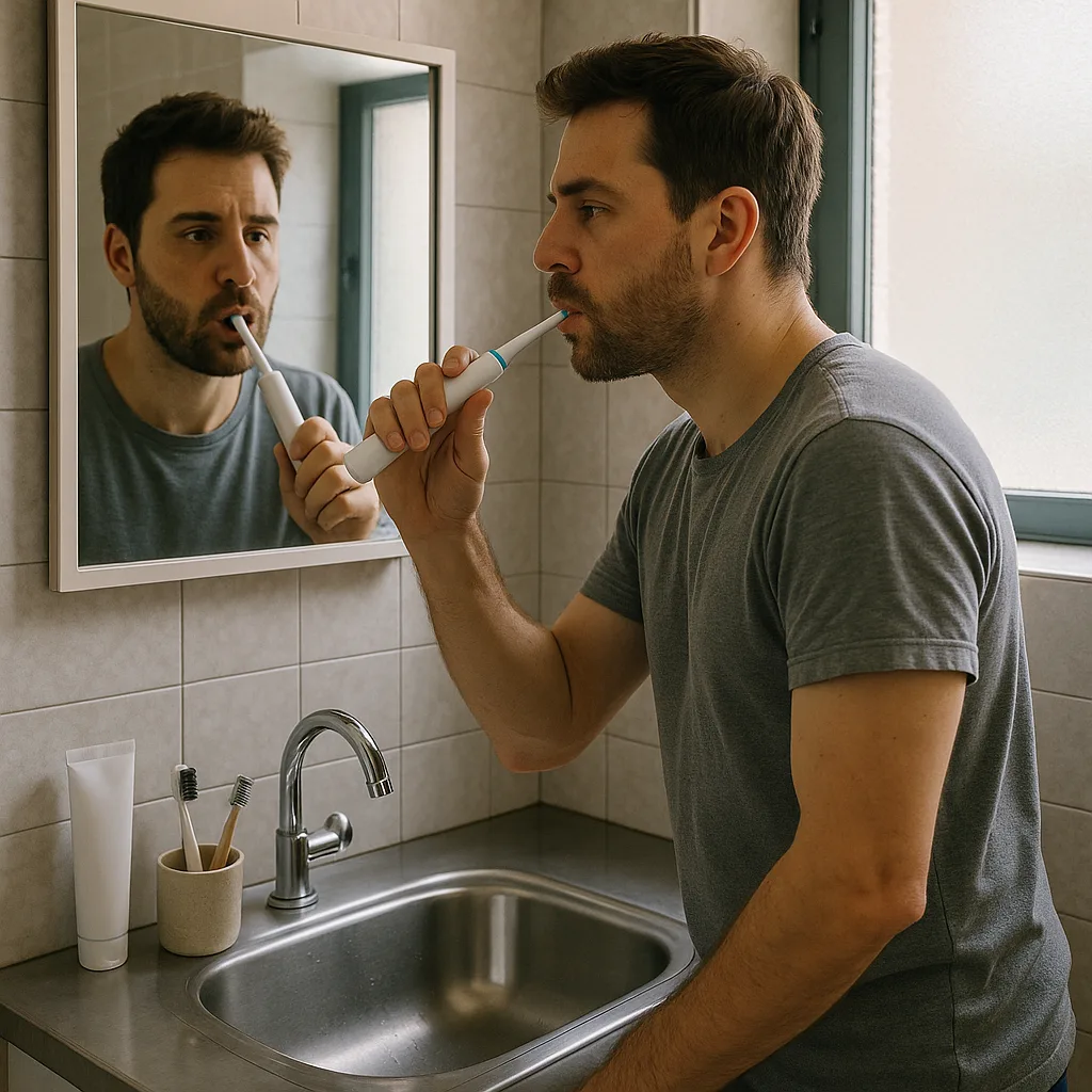 Man Is Positioned Before a Bathroom Mirror
