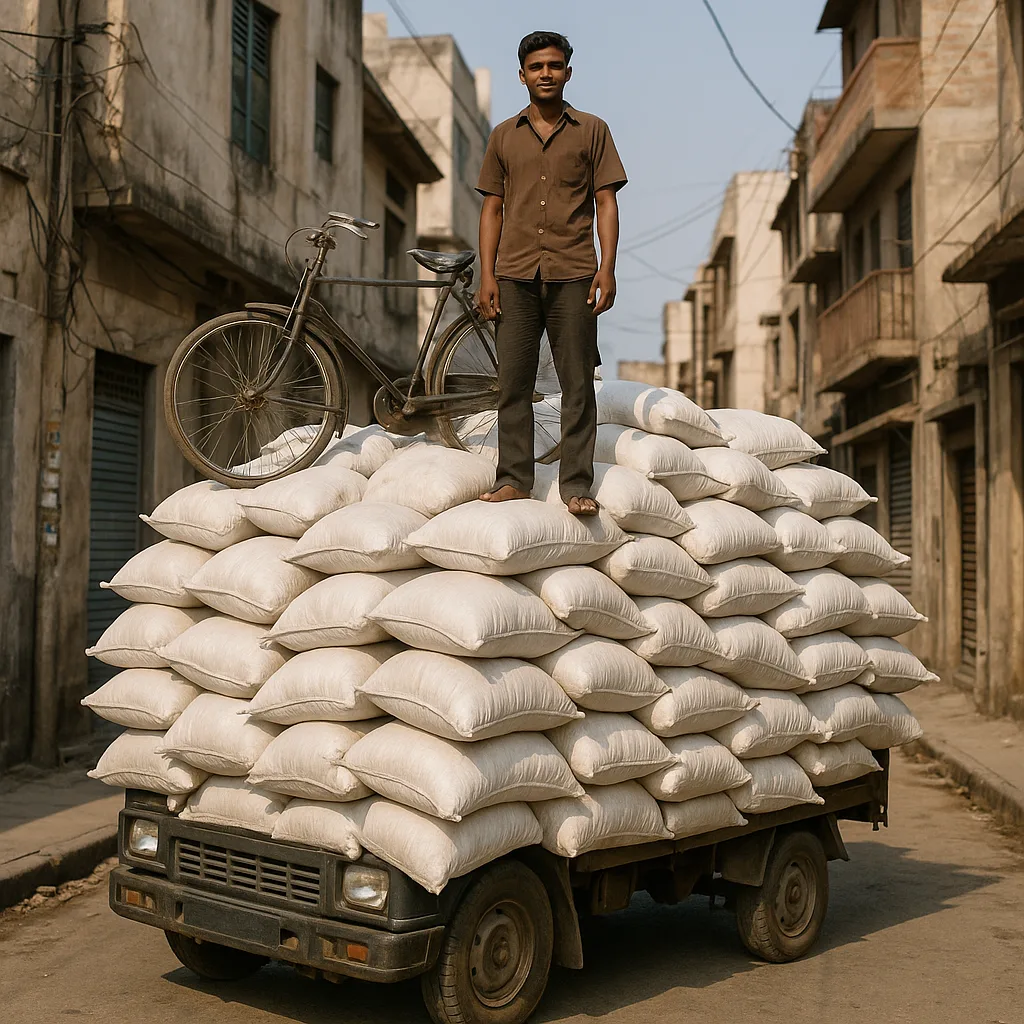 Man Stands on a Heavily Loaded Truck