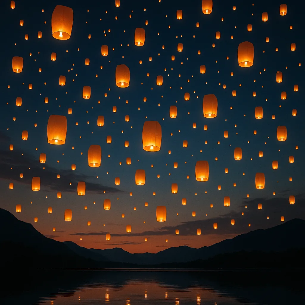 Countless Glowing Lanterns Ascend into the Twilight Sky