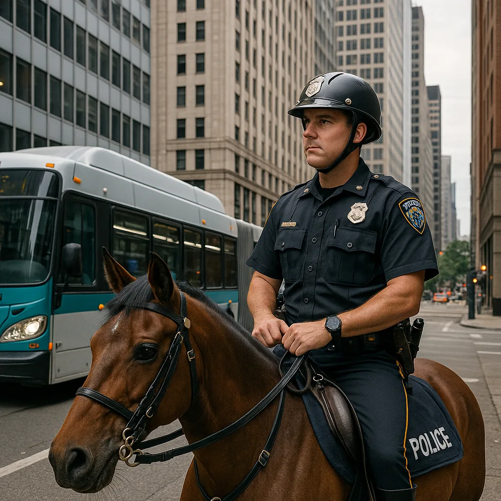 Police Officer on Horseback Is Stationed on a City Street