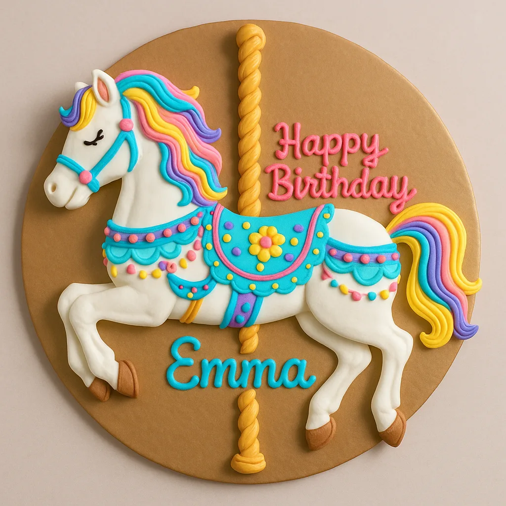 Carousel Horse-shaped Birthday Cake with Colorful Icing Decorations