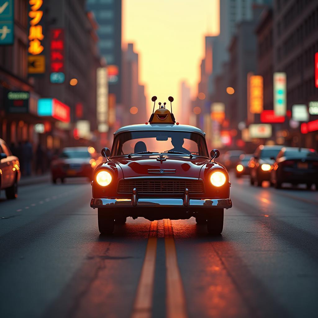 Friendly Car Cruising Neon Streets at Golden Hour