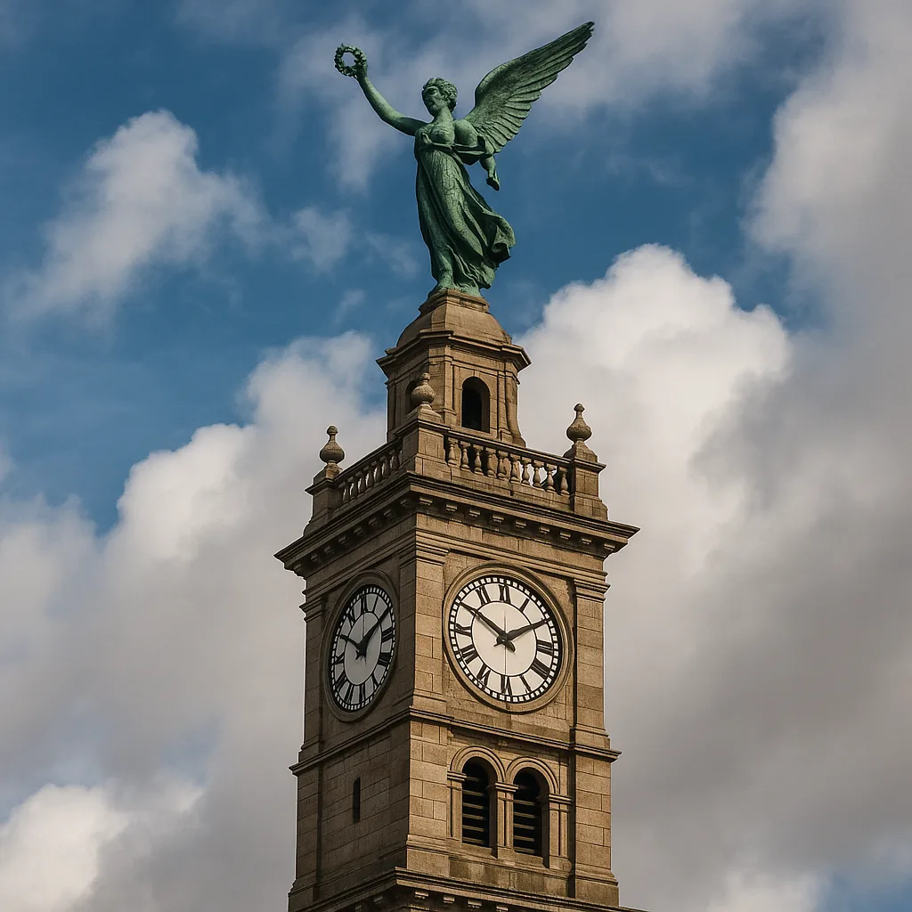 Historic Clock Tower Topped with a Green Winged Statue