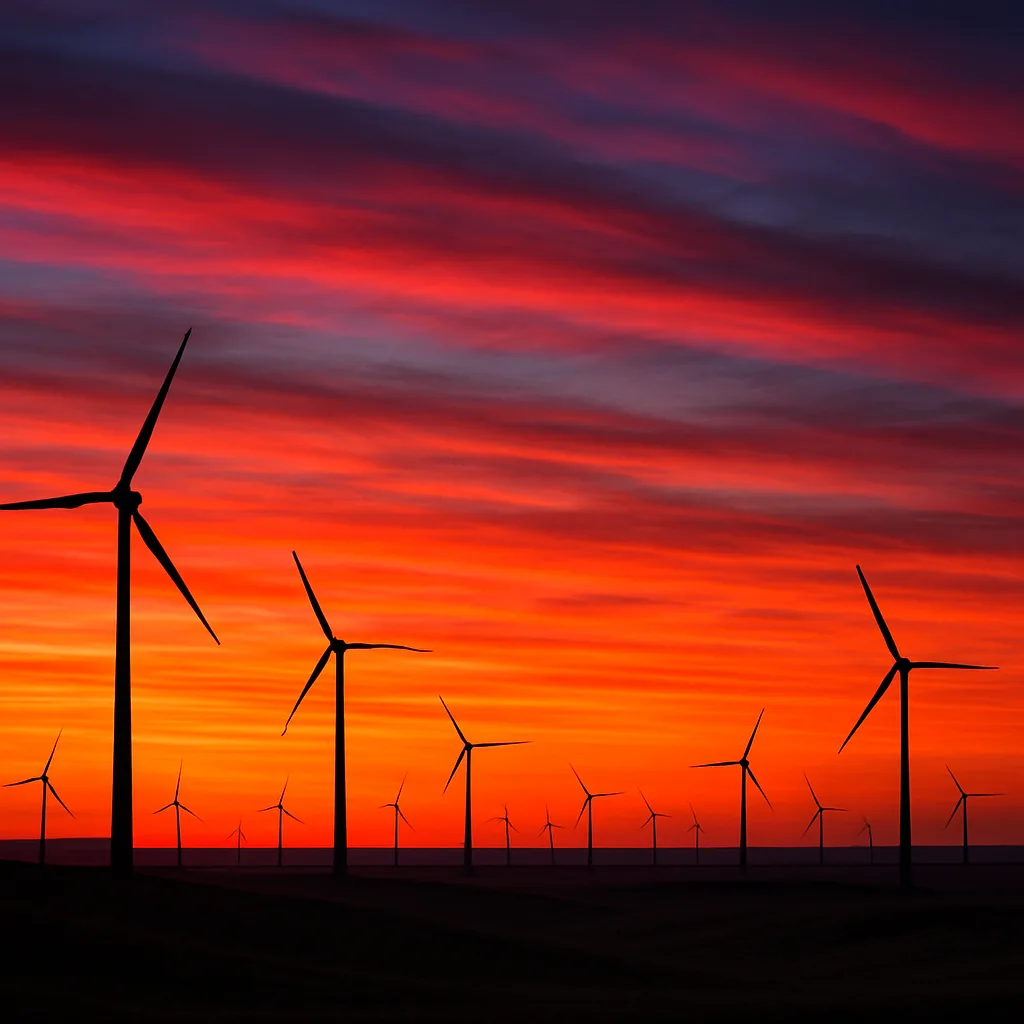Myriad Distant Wind Turbines Stand Silhouetted Against a Vibrant