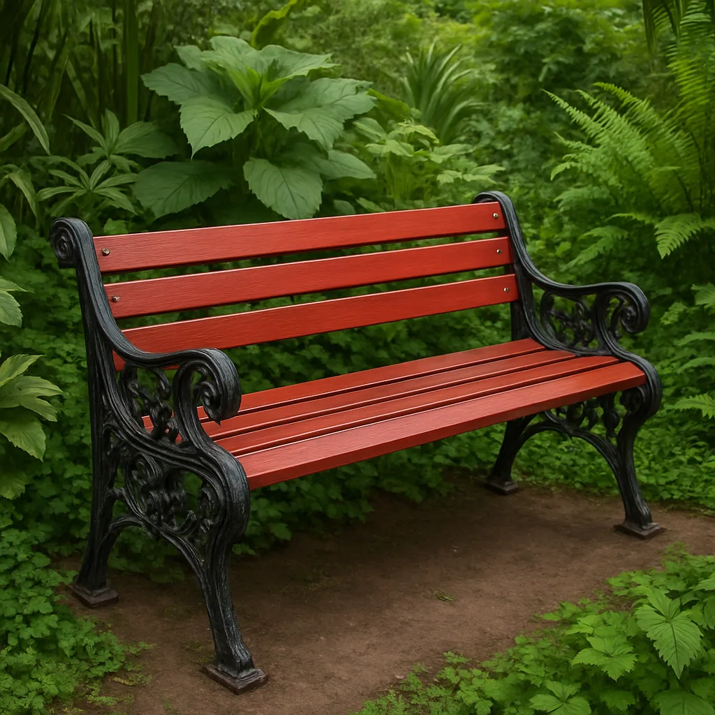 Red Wooden Bench with Ornate Black Metal Sides