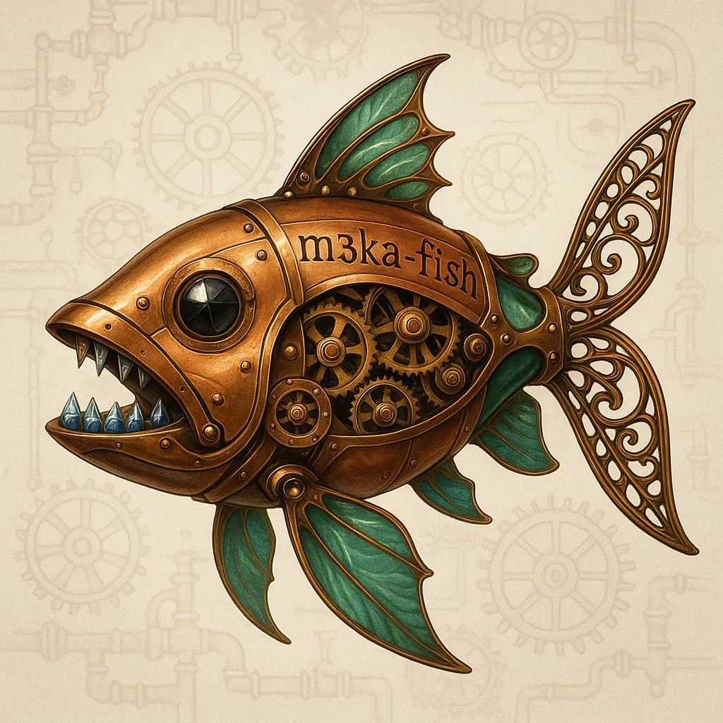 Depict a Steampunk-inspired Mechanical Fish Showcasing a Sleek Copper Body