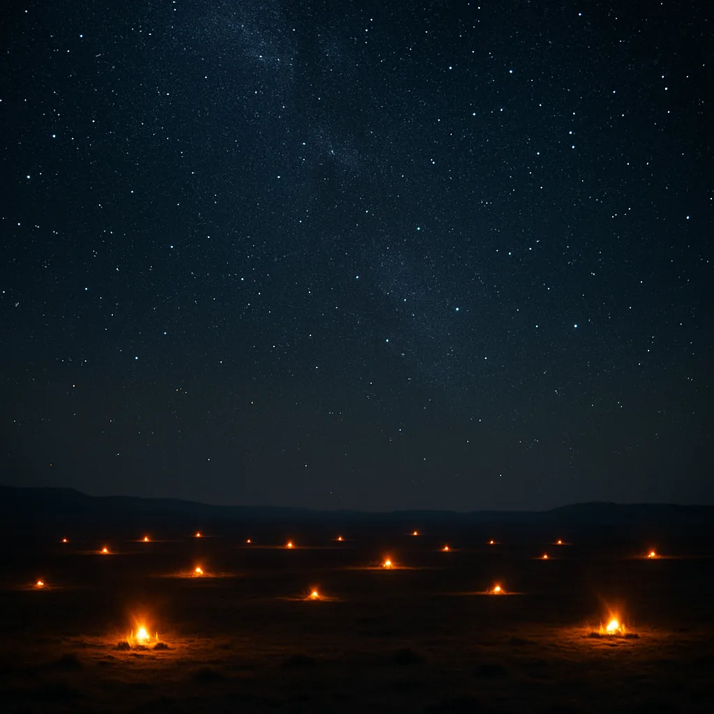 Many Distant Campfires Flicker Like Scattered Embers Across a Vast