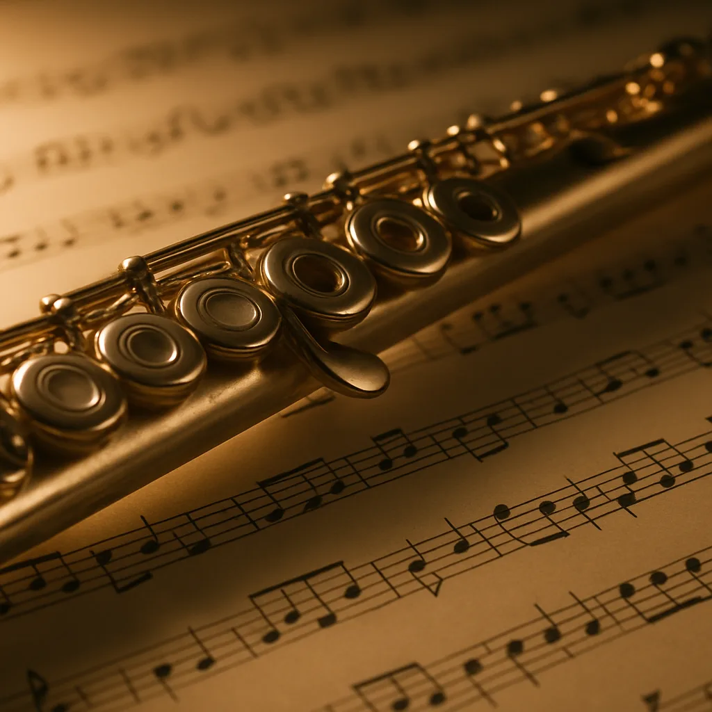 Sheet of Music Lies Beneath a Silver Flute