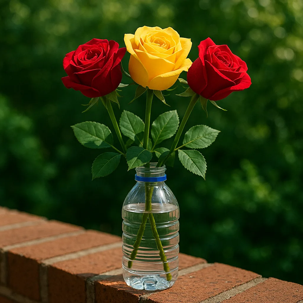 Plastic Water Bottle Holding Two Red Roses