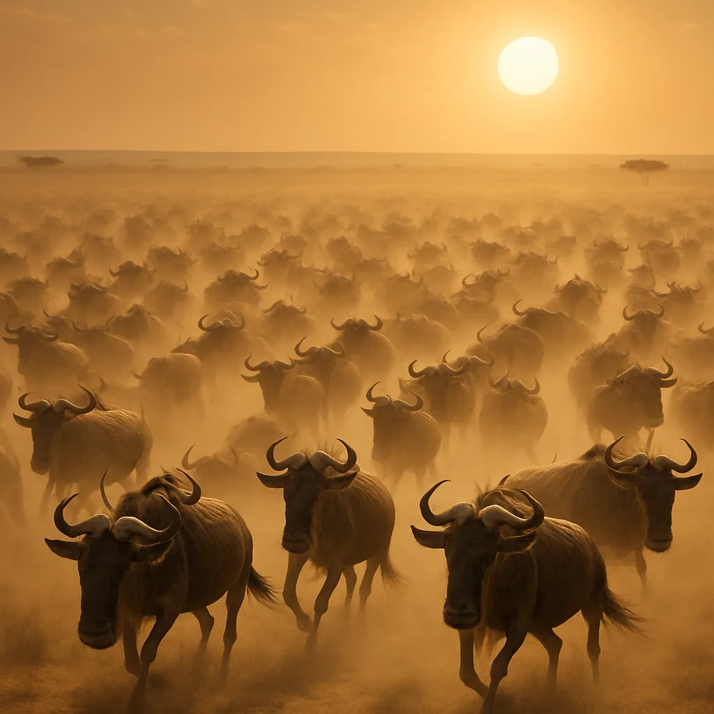 Massive Herd of Wildebeest Kicks Up a Vast Dust Cloud
