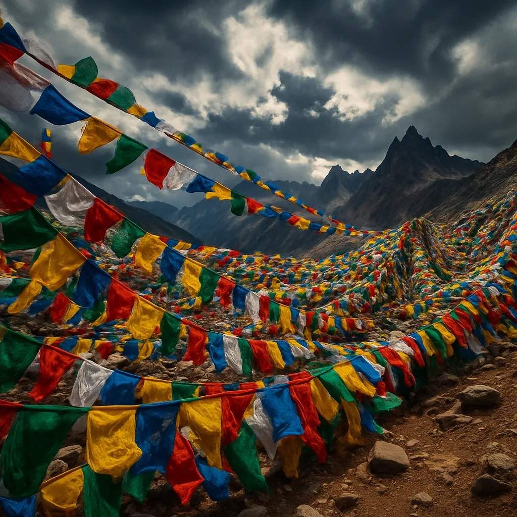 Multitude of Colorful Prayer Flags Flutter Intensely on a High