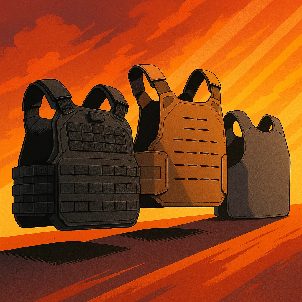 Three Distinct Bulletproof Vests—a Matte Black Overt Tactical Model Dense