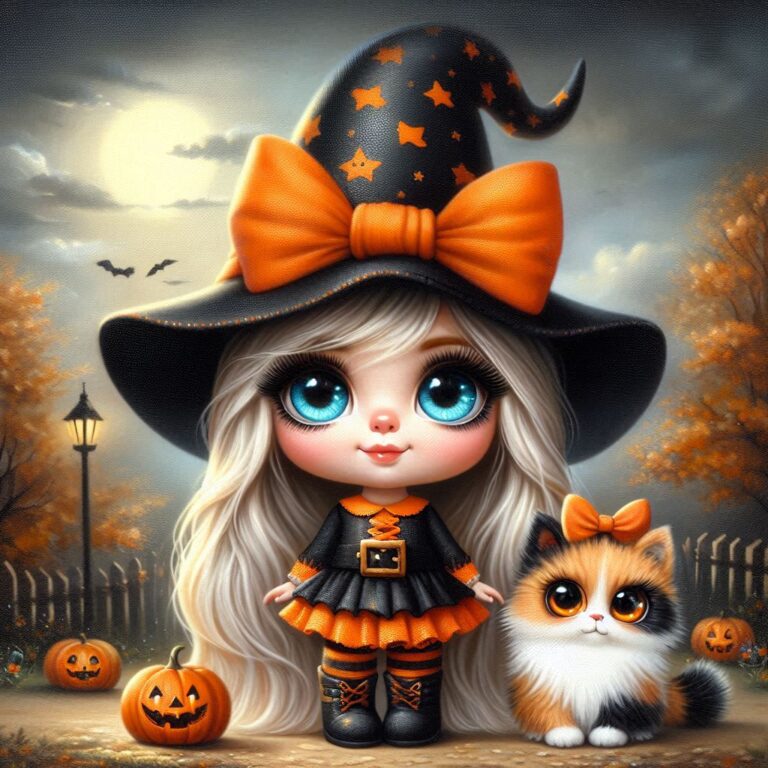 Whimsical Halloween Gnome Girl with Cat