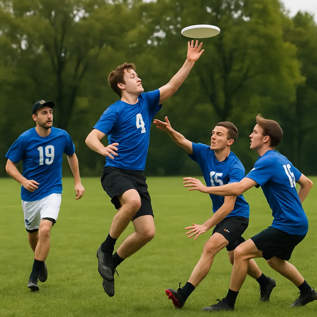 Group of Players in Blue Jerseys Competing for a Frisbee