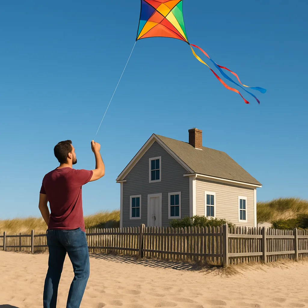 Man Flies a Colorful Kite on a Sandy Beach