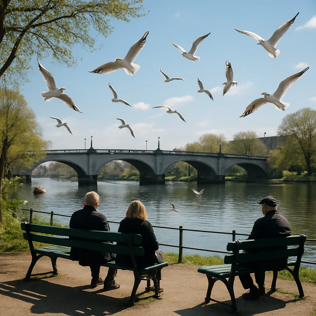 People Sitting on Park Benches by a Riverside