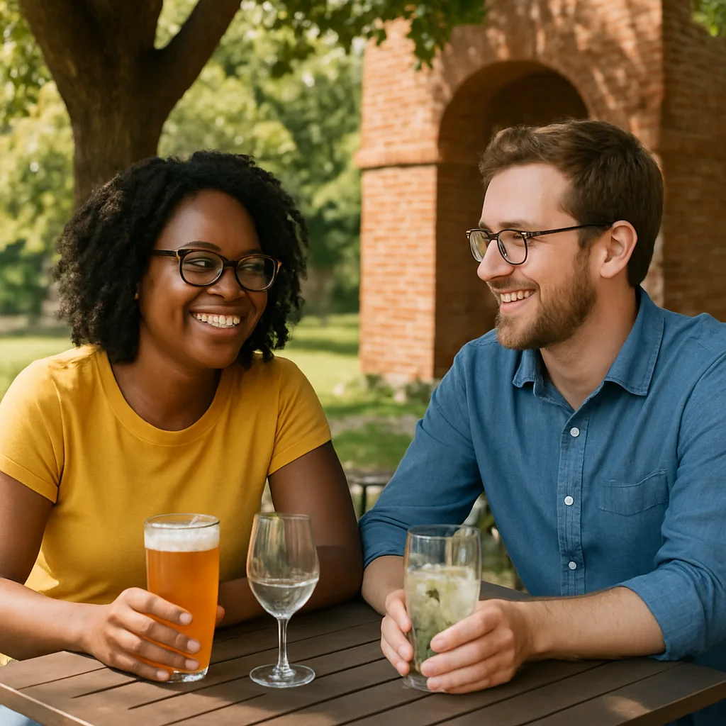 Two People Sitting at an Outdoor Table with Drinks