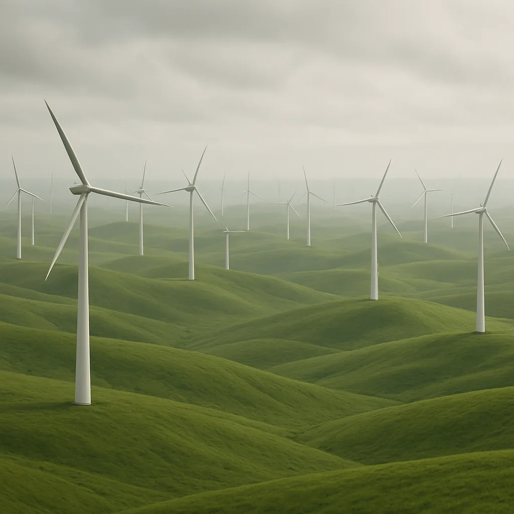 Countless Wind Turbines Slowly Turn in Unison