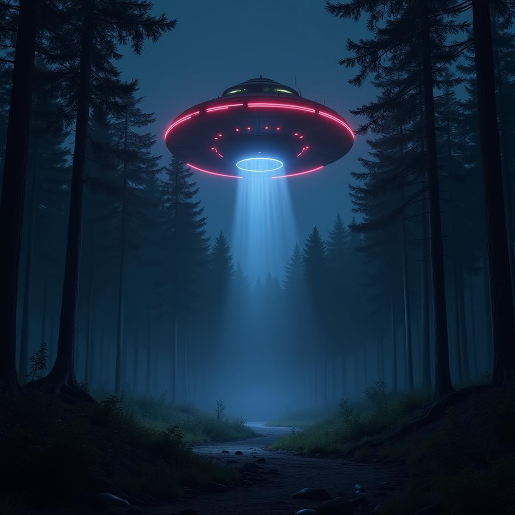 Crashed UFO Glowing in a Midnight Anime Forest