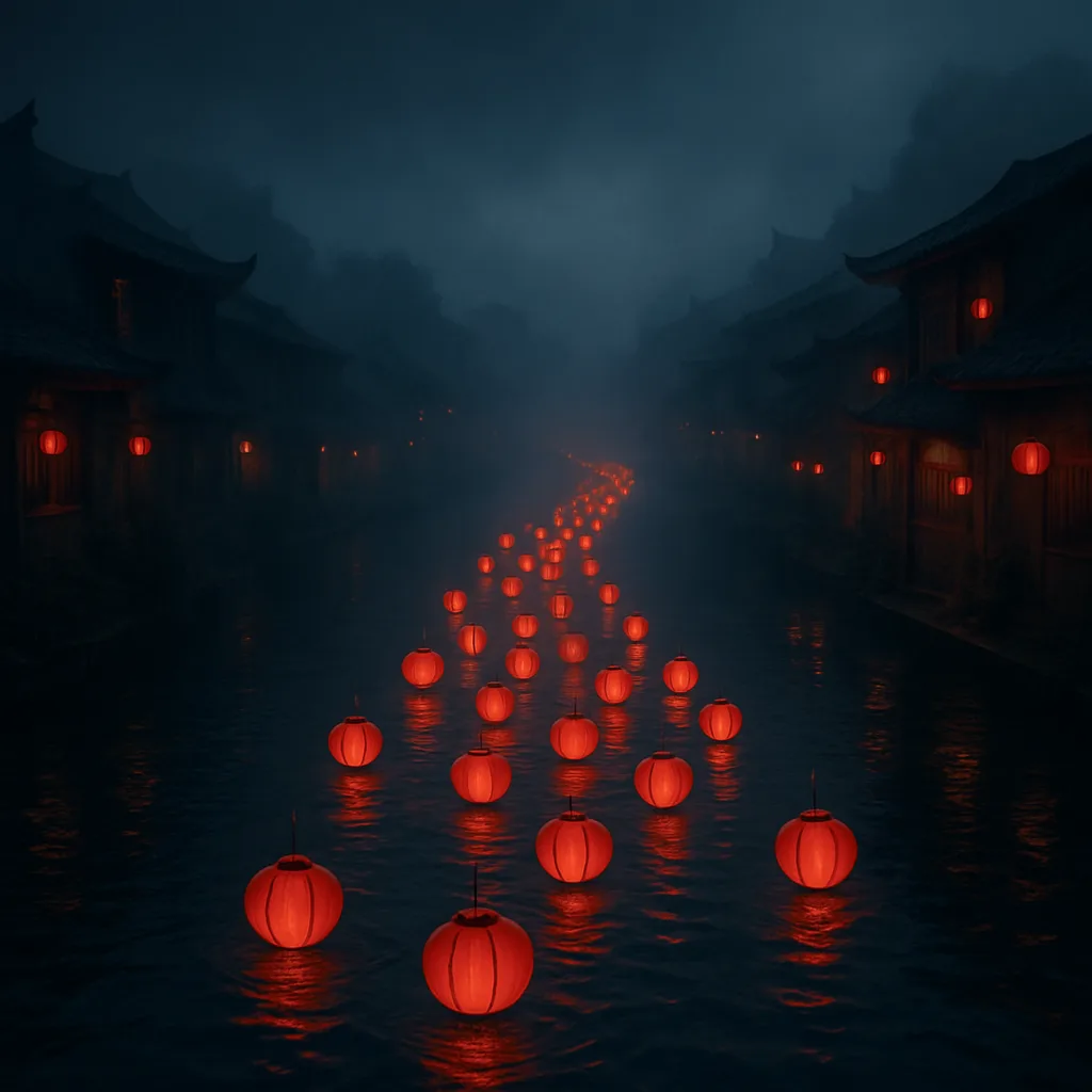 Procession of Many Traditional Red Lanterns Floats Gently