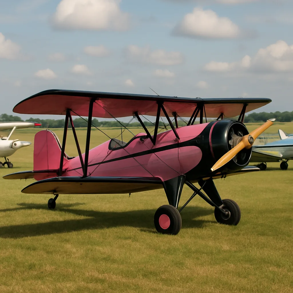 Small Pink and Black Vintage Biplane Parked on a Grassy