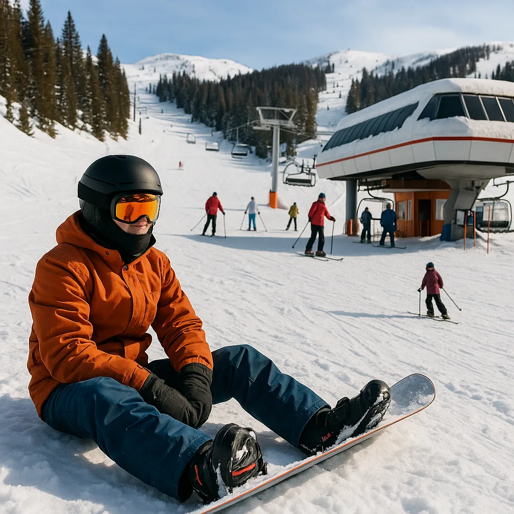 Snowboarder Rests at the Base of a Snowy Ski Slope