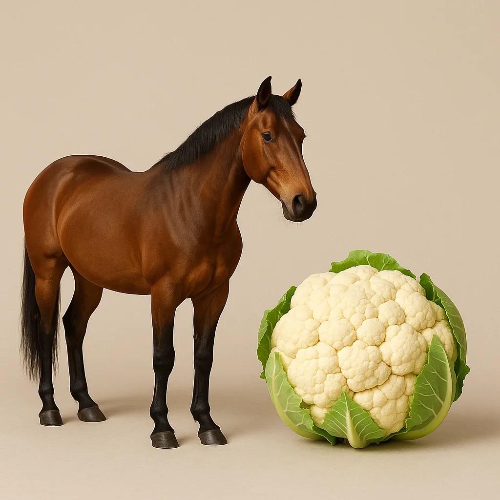 Brown Horse Positioned on the Left Side of a Cauliflower