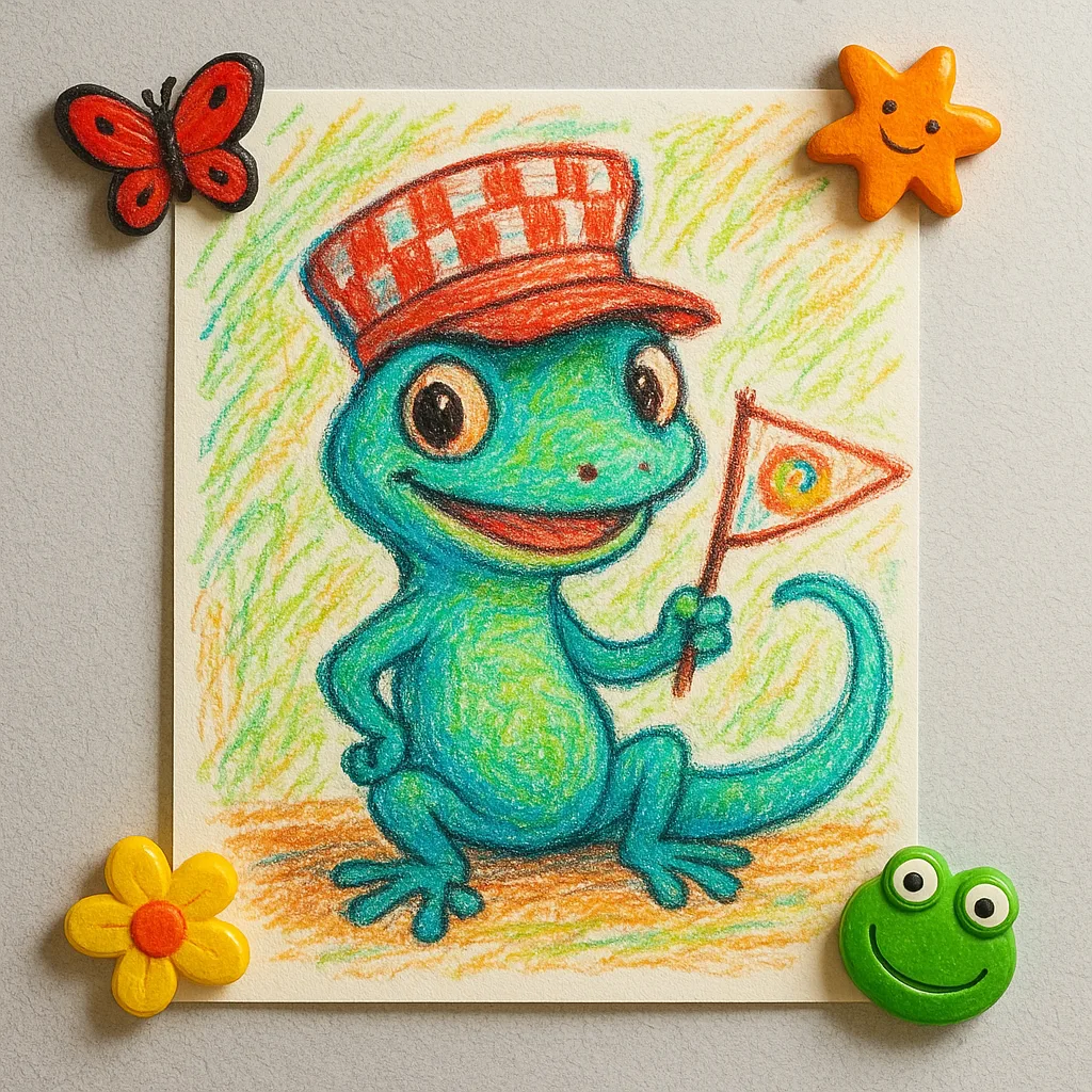 Spirited Crayon Drawing by a Child Depicts a Turquoise Gecko