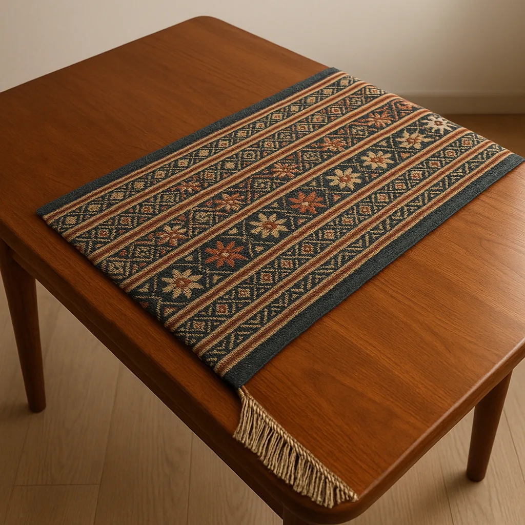 Table Made of Smooth Wood Adorned with a Fabric Throw