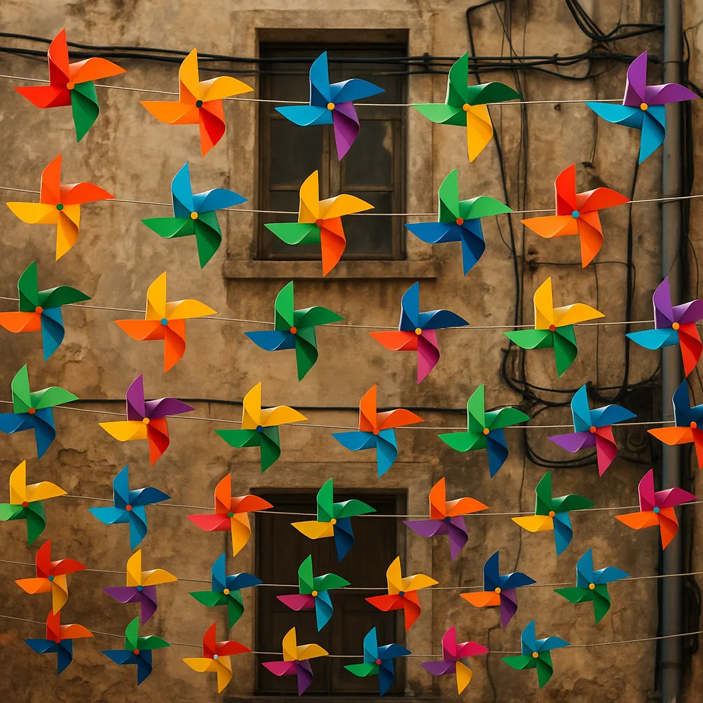 Colorful Pinwheels Hanging on Wires in Front