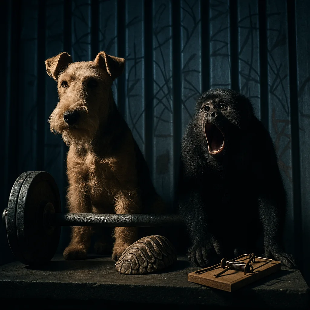 Lakeland Terrier and Howler Monkey Accompany a Barbell