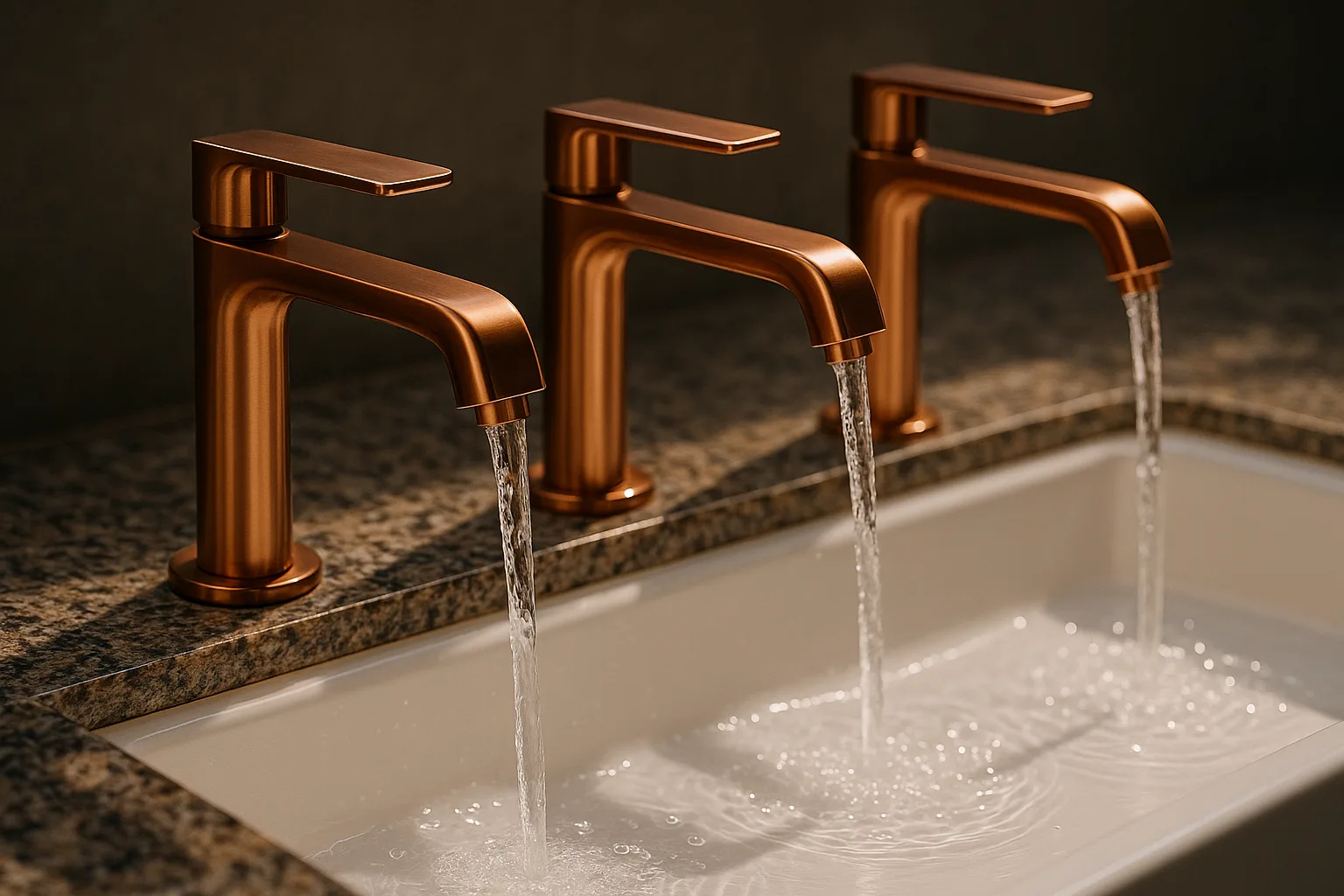 Three Streamlined Copper Faucets with a Modern
