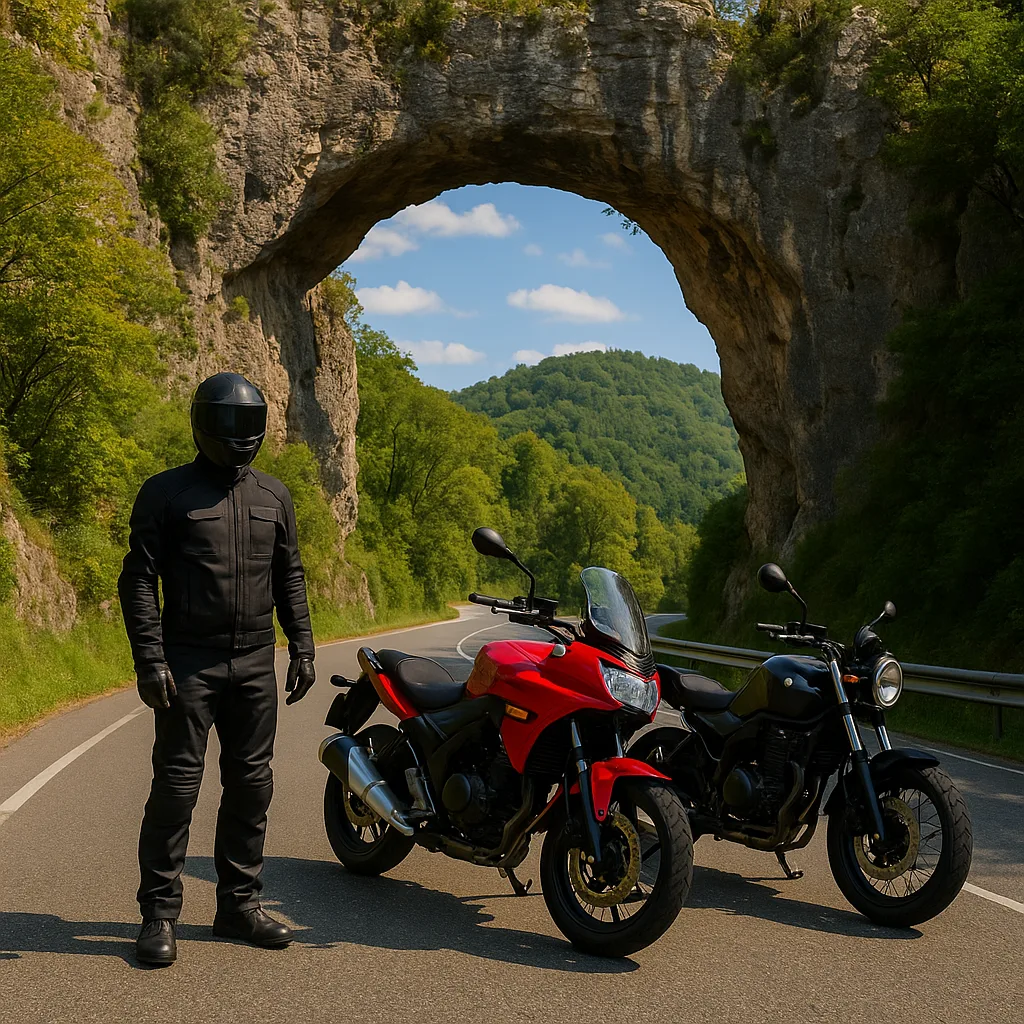 Motorcyclist Stands Beside Two Parked Motorcycles on a Scenic Road