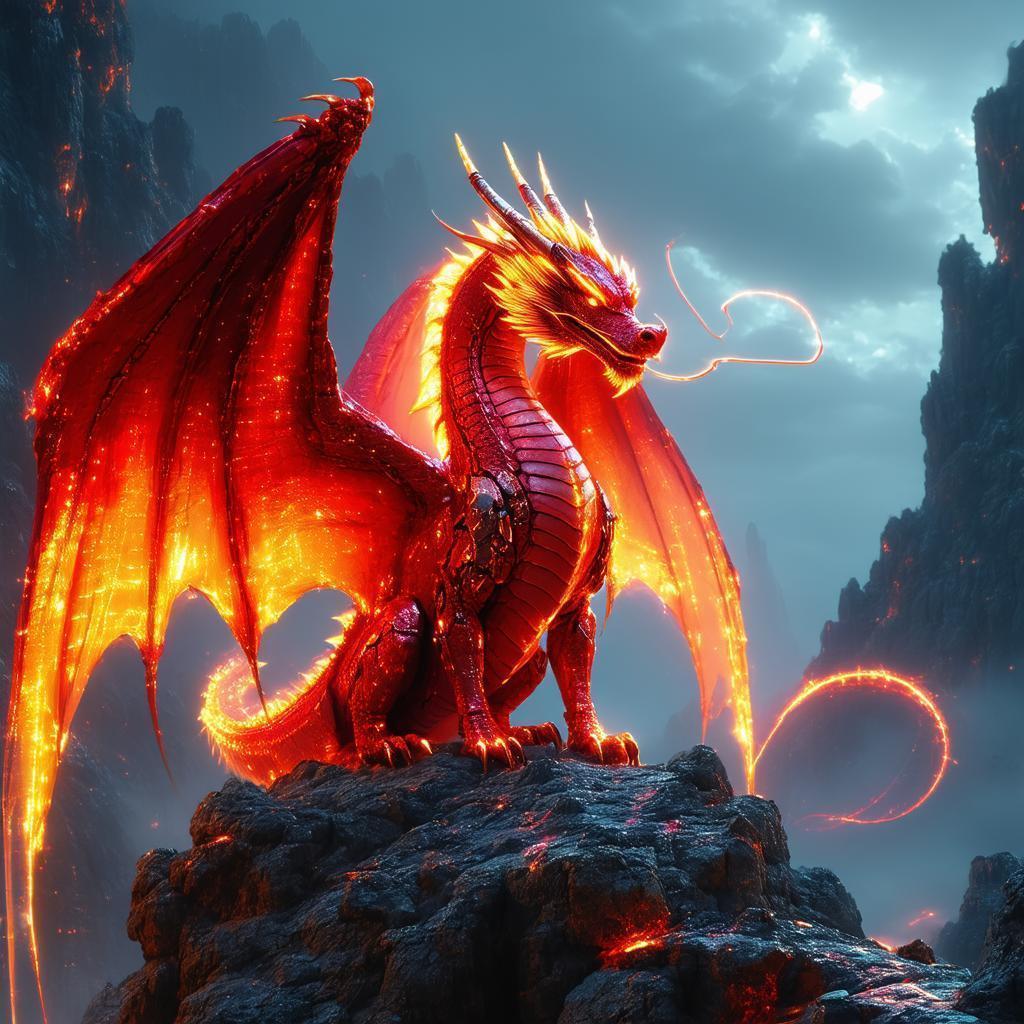 Red Dragon Perched on a Neon Outcrop