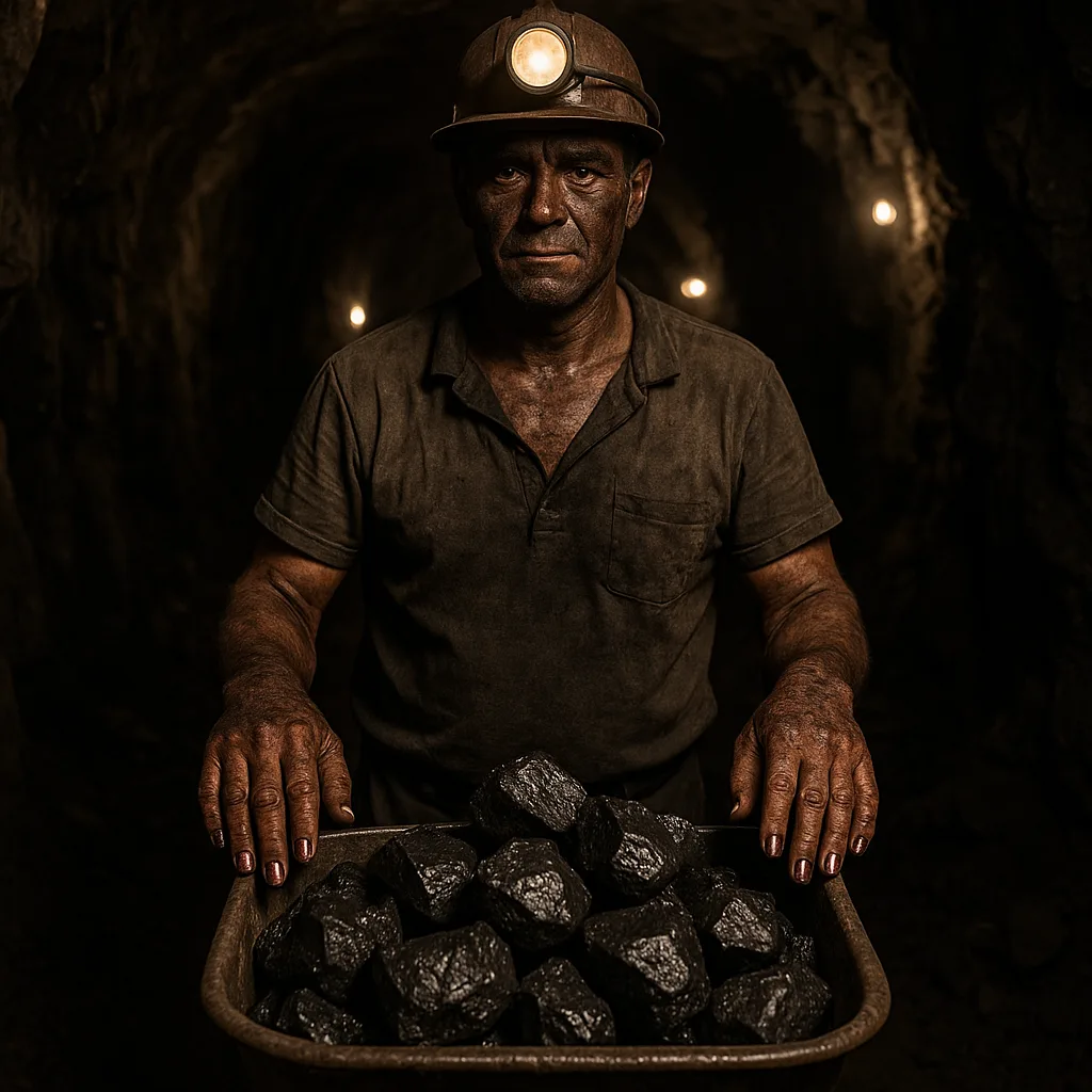 Coal Miner Stands in a Dimly Lit Tunnel
