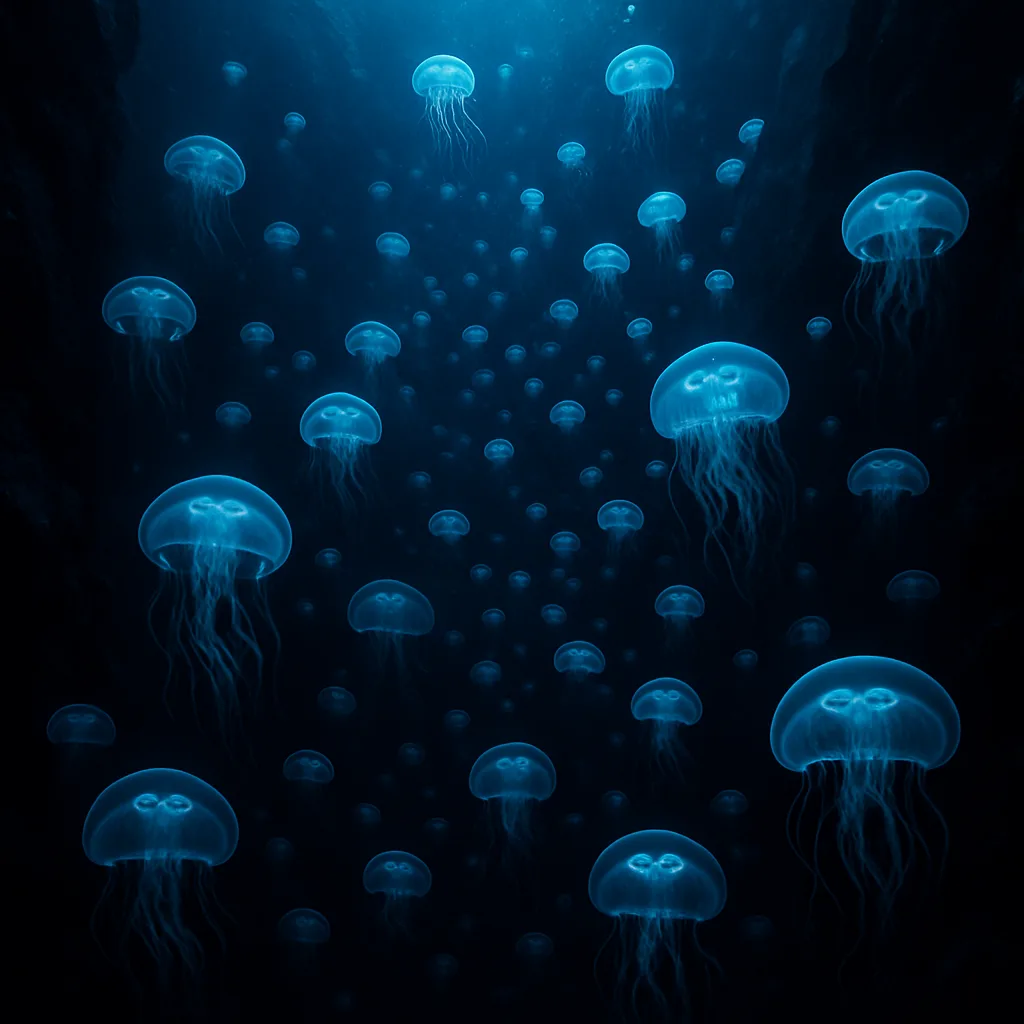 Vast Swarm of Bioluminescent Jellyfish Drifts Silently