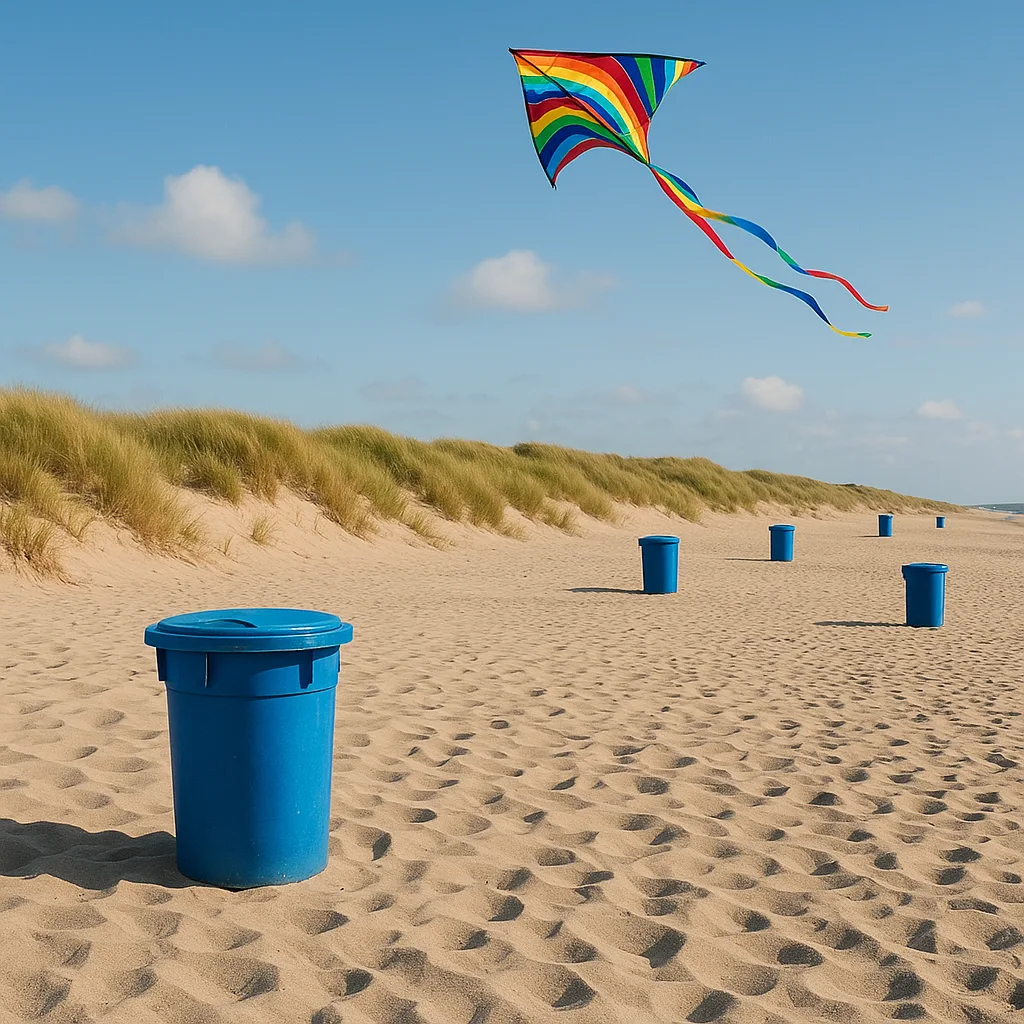 Sandy Beach with Blue Trash Bins