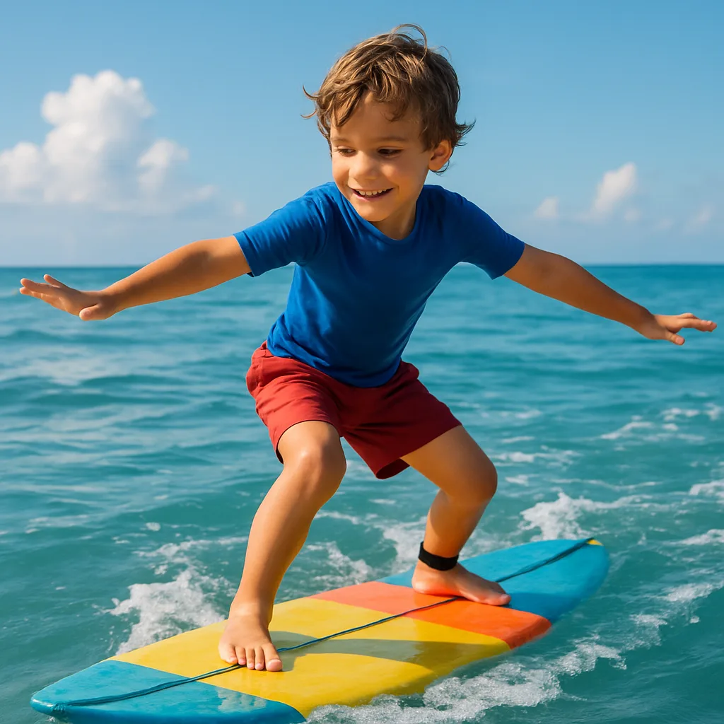 Cheerful Child Standing on a Vividly Hued Surfboard