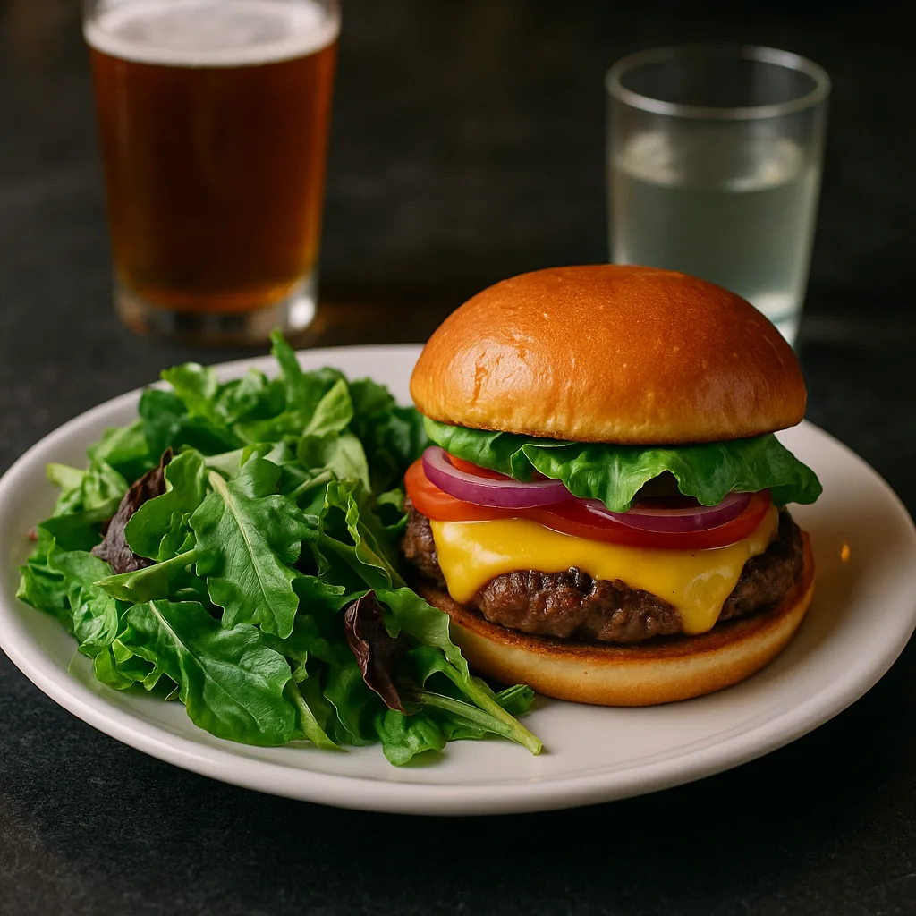 Plate with a Burger and a Fresh Green Salad