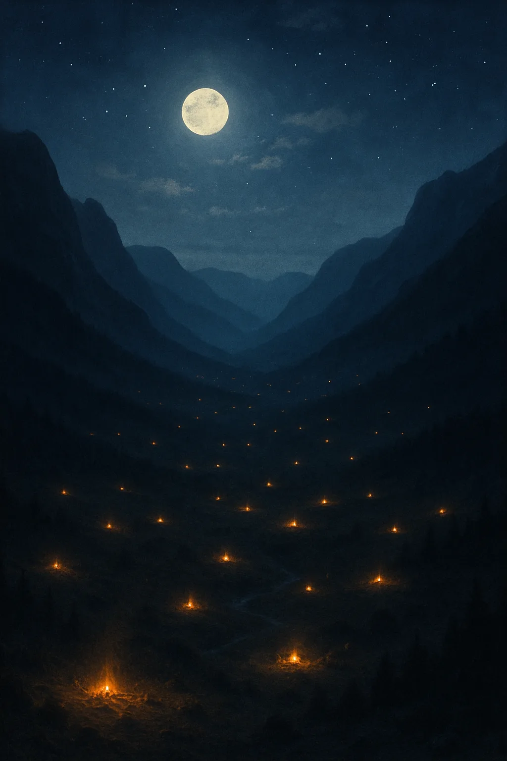 Numerous Distant Campfires Flicker Like Scattered Stars Across a Vast