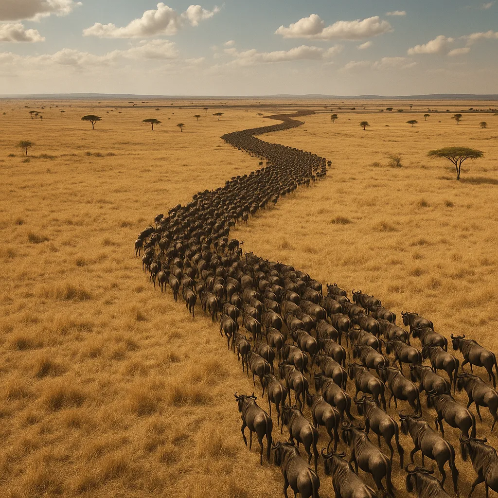 Vast Migration of Wildebeest Stretches Like a Dark River