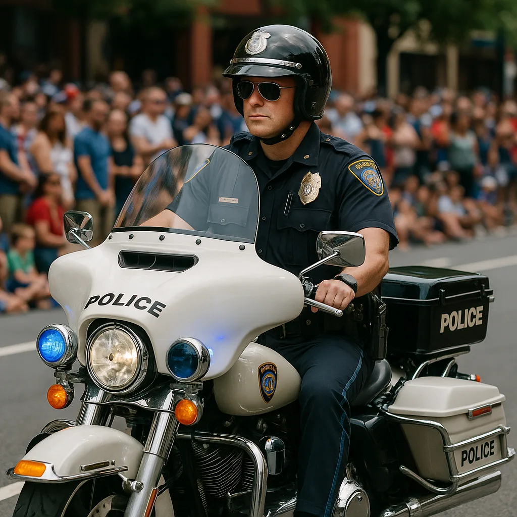Police Officer Rides a Motorcycle in a Parade
