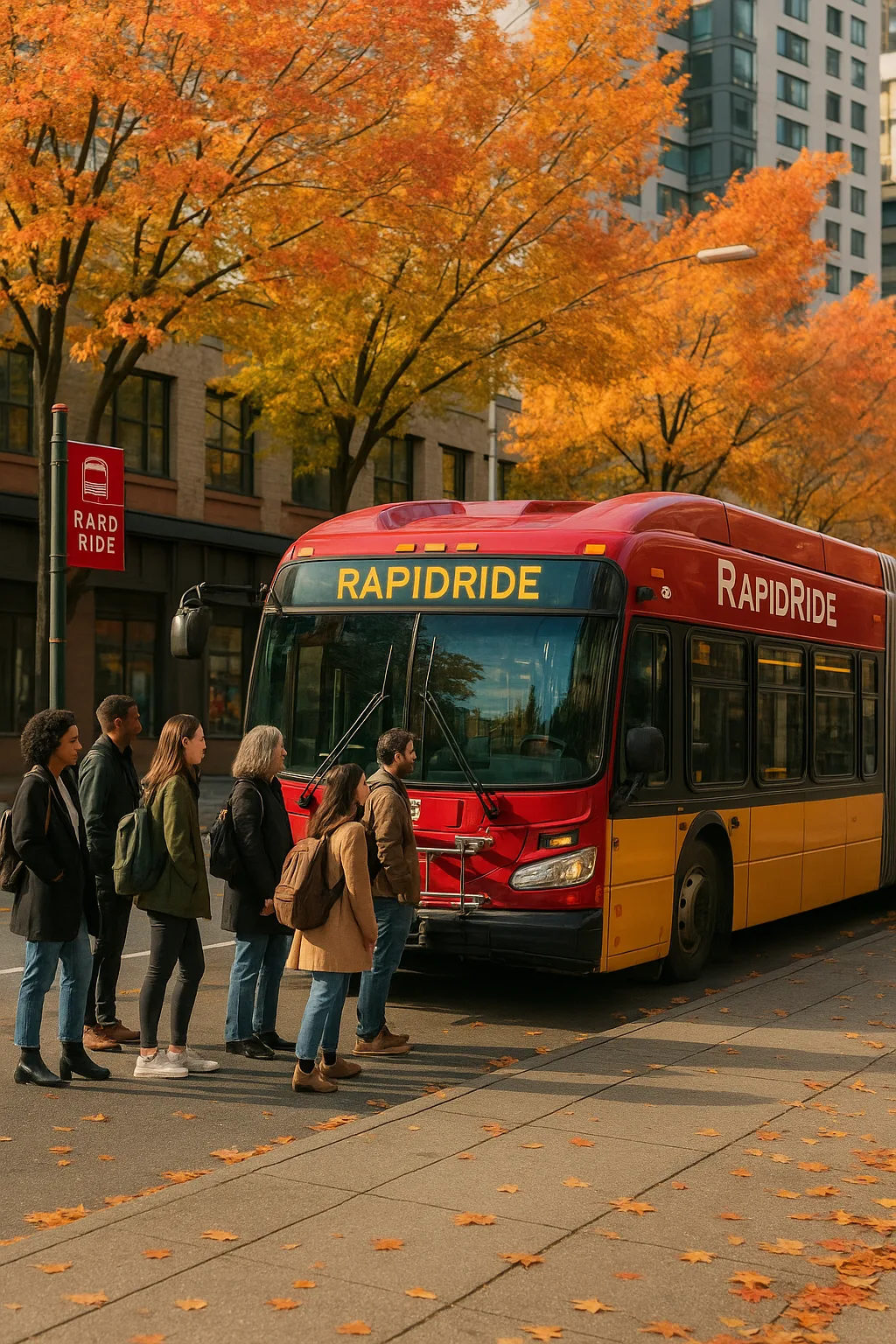 Group of People Wait to Board a Red RapidRide Bus