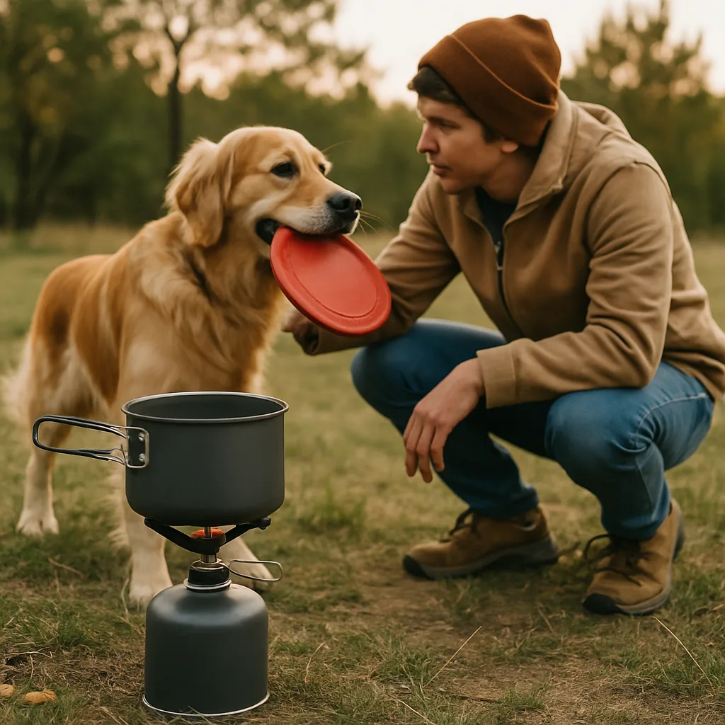 Person Is Outdoors Interacting with a Dog Holding a Frisbee