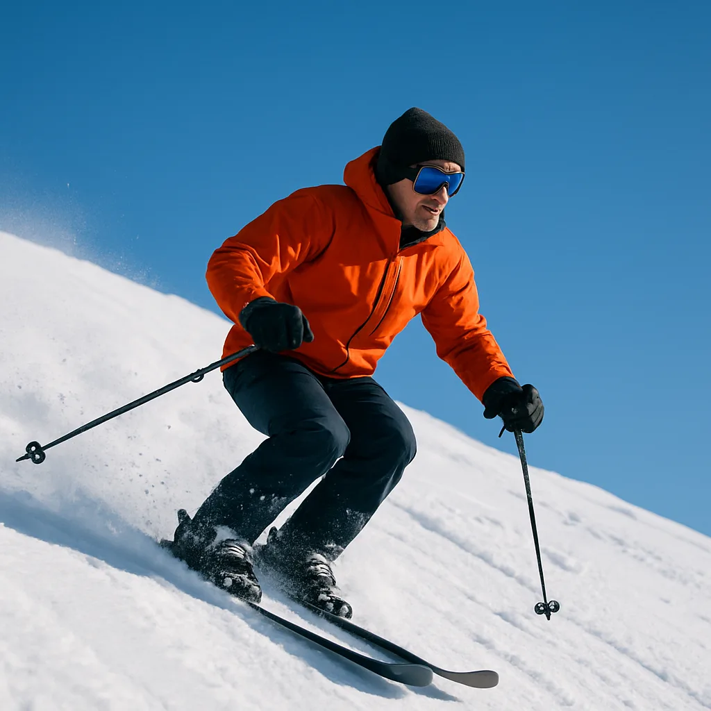 Person Gliding Downhill on Skis Across a Snowy Slope
