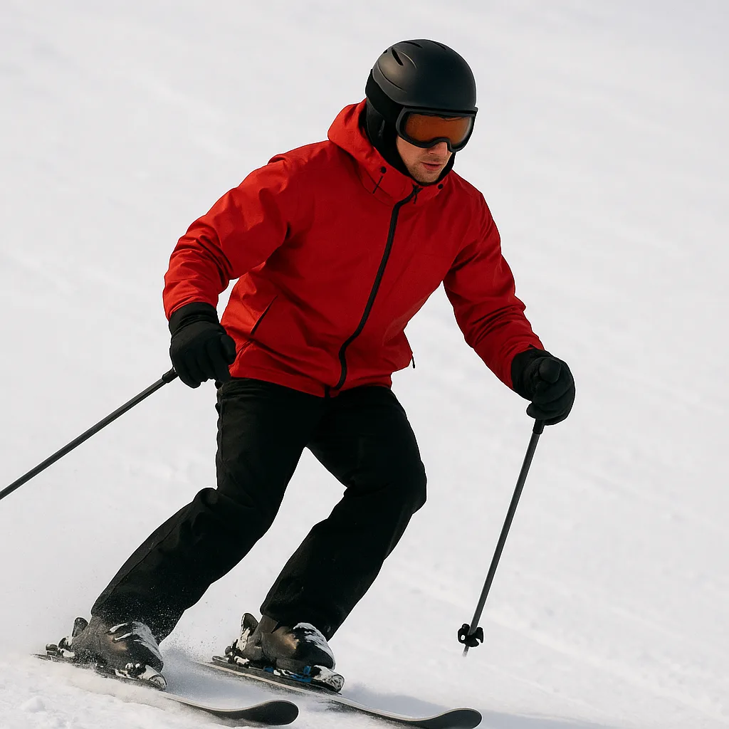 Person Skiing Downhill on Snow Wearing a Red Jacket