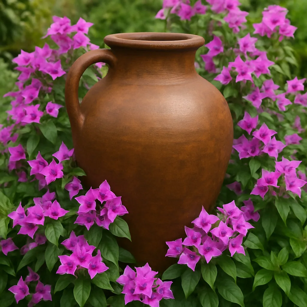 Large Brown Ceramic Urn Surrounded by Vibrant Purple Flowers
