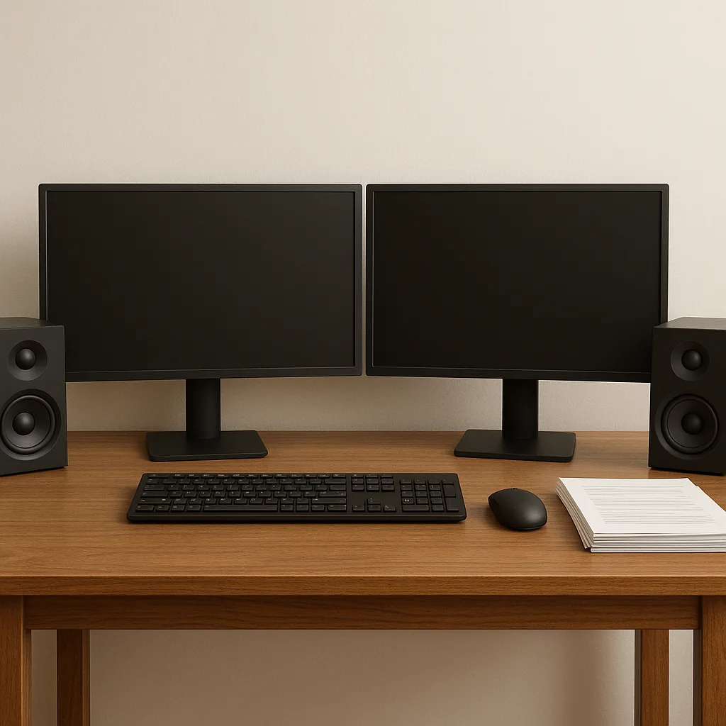 Neatly Organized Wooden Desk Setup with Two Monitors