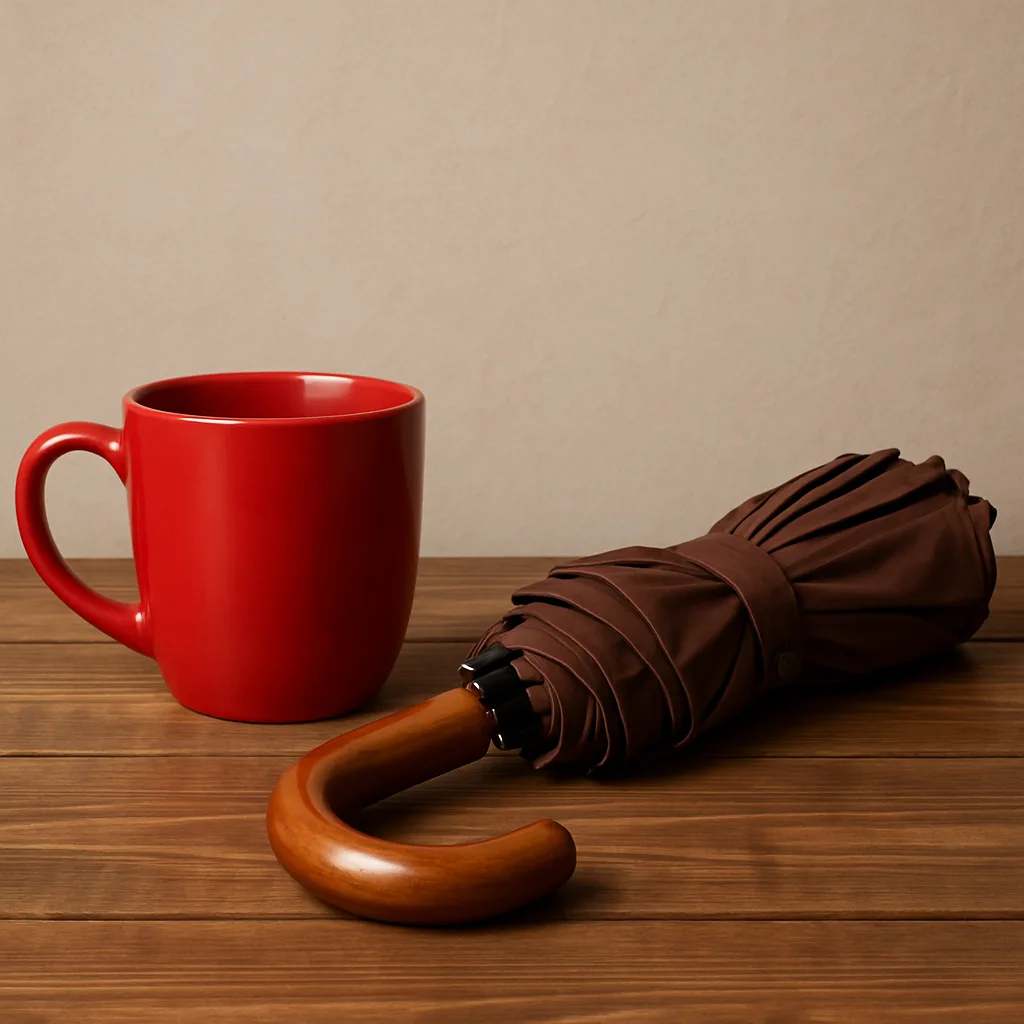 Wooden Table with a Red Mug